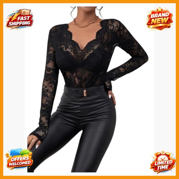 Floral Embroidery Mesh Lace V-Neck Long Sleeve Blouse Sheer Top - Picture 4 of 6